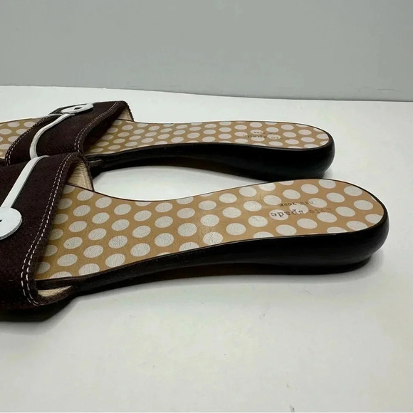 KATE SPADE Toby Brown Button Slides Polka Dot Canvas Leather Sandals Size 10 - Picture 6 of 10